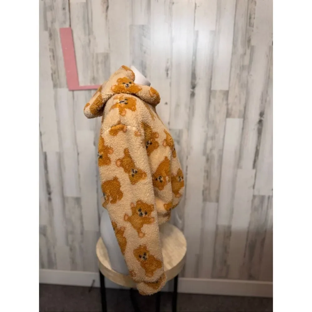 Be Storie Teddy Bear Sherpa Hoodie Cropped Pullover Size Large Cozy Cute